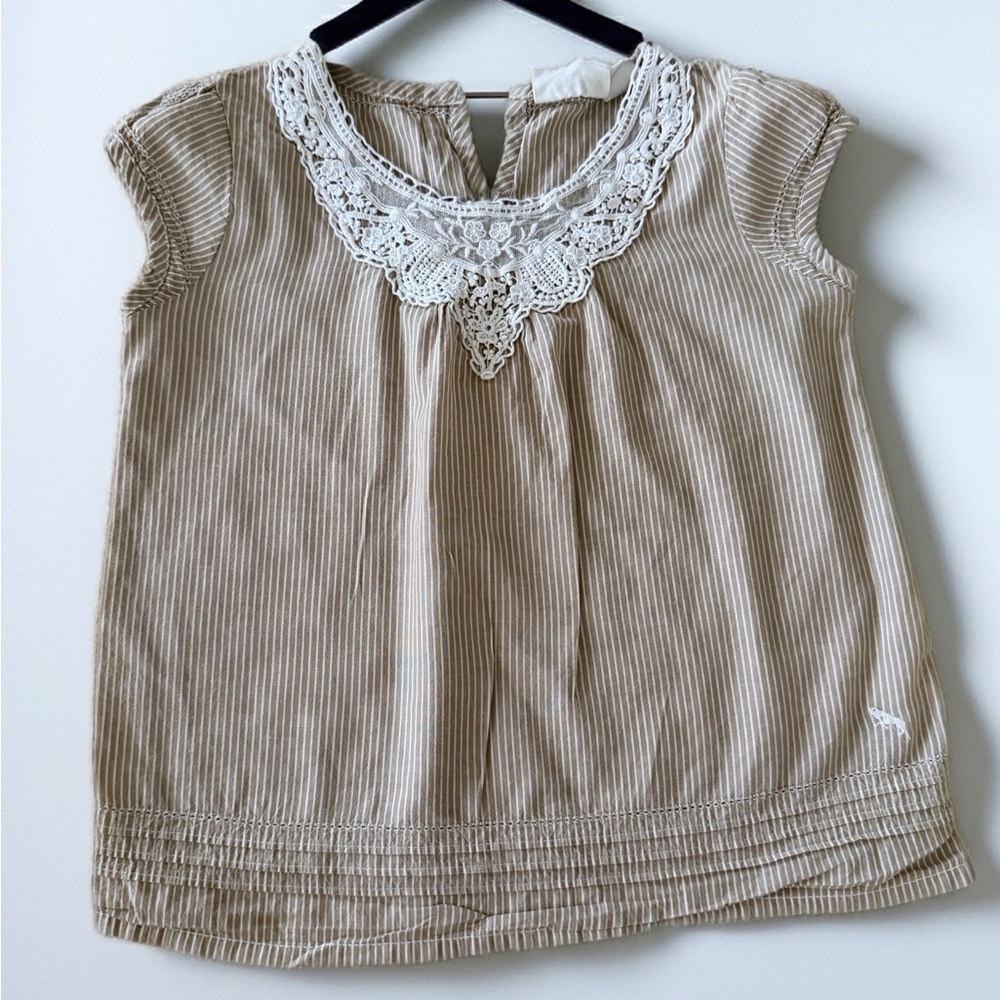 H&M Beige & White Striped Girls Top with Lace Collar